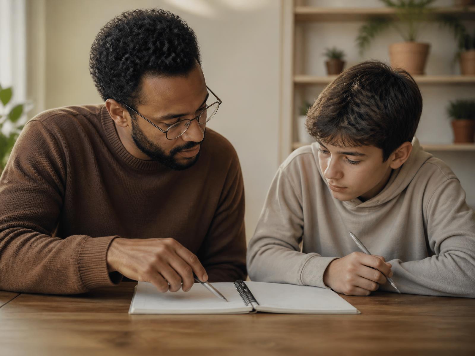 An educator and a student reviewing notebook work together at a table in warm natural light