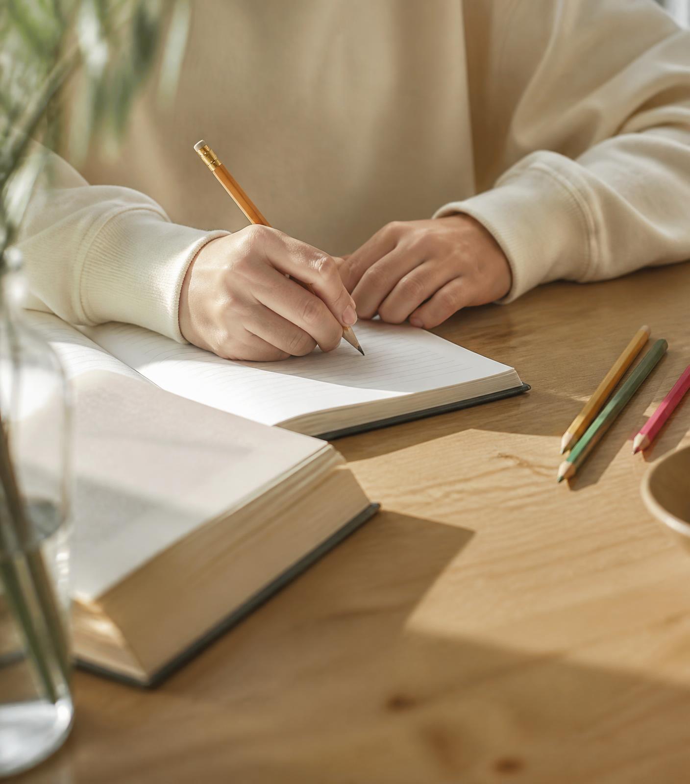 A student writing in a notebook beside an open book on a wooden desk